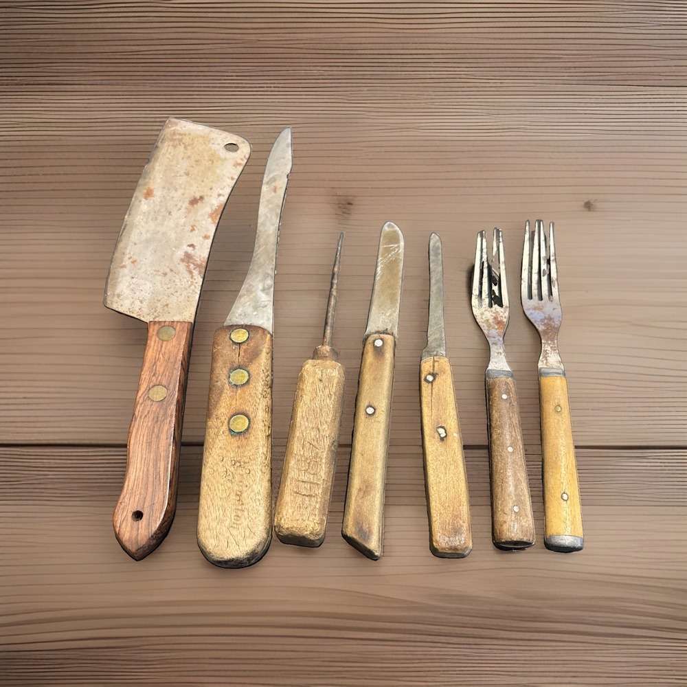 Vintage Antique 7 Pc Remington Butcher Knife Cleaver 4 Prong Forks Ice Pick